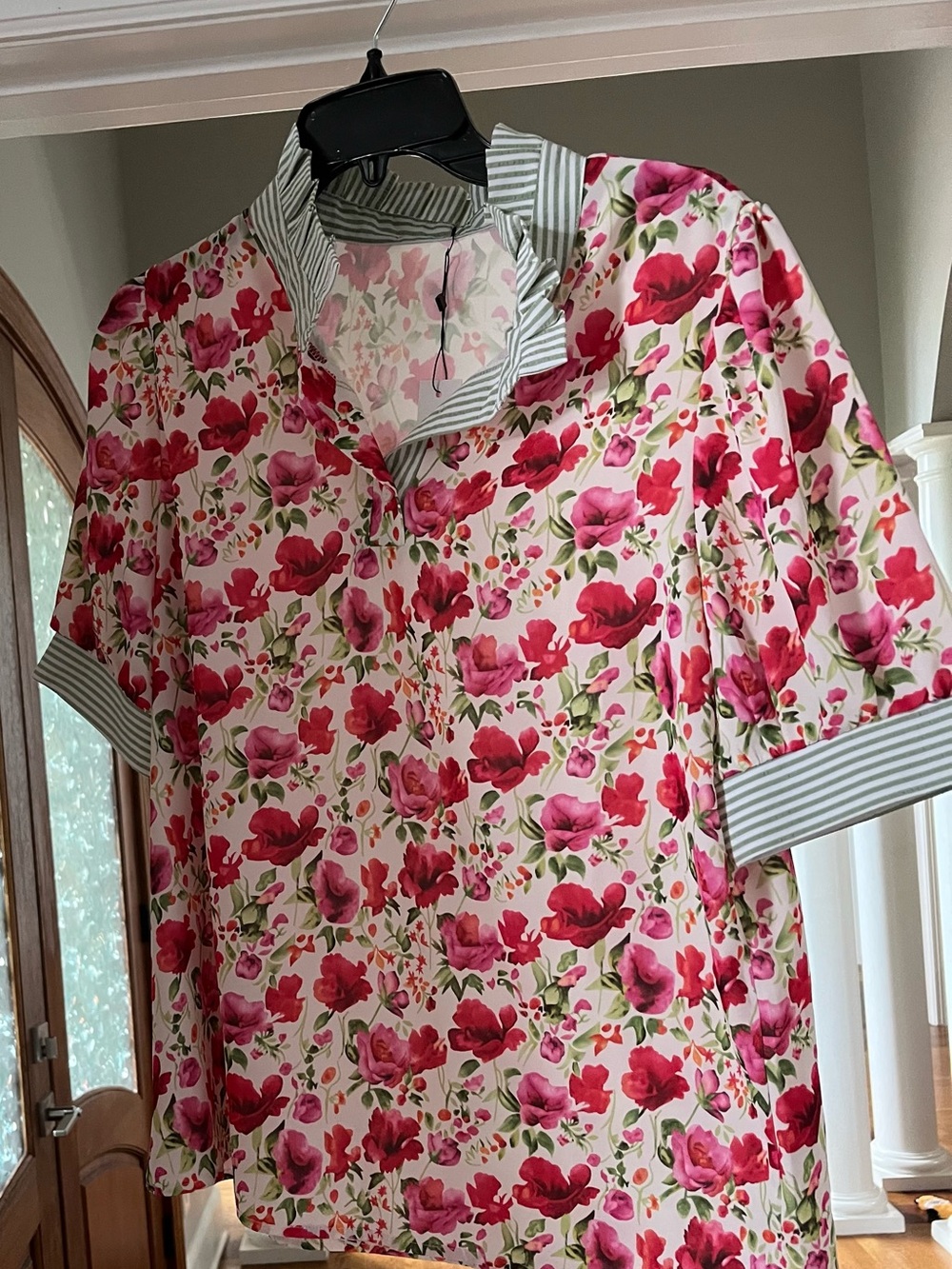 Floral Pink Popover Blouse with Contrast Trim
